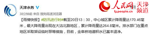 截至20日13:30天津中心城区累计降雨量达170.46毫米