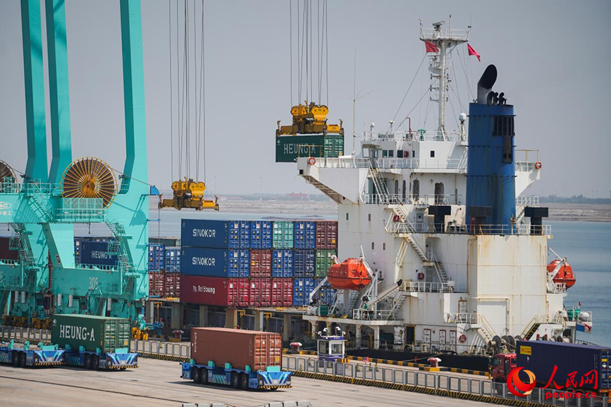 一艘货轮正在天津港“七彩码头”装卸货物。人民网 彭昱凯摄