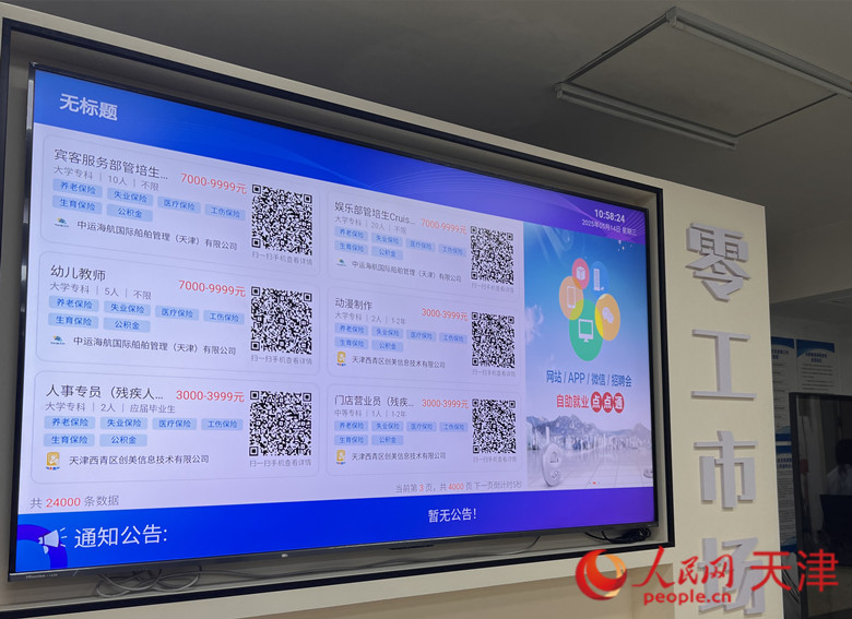 勸業場街道辦公大廳展示招聘信息的大屏。人民網記者 孫翼飛攝