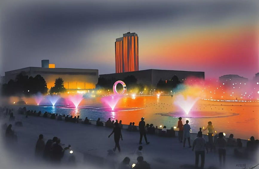 傍晚，市民在文化中心亲水平台欣赏音乐灯光喷泉。