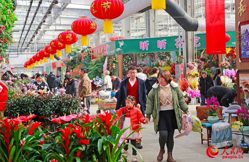 花卉市場內春意涌動，人流如潮。人民網記者 崔新耀攝