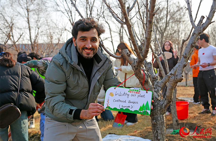 外国留学生书写寄语卡片，挂在刚刚栽种的树苗上。人民网记者 崔新耀摄