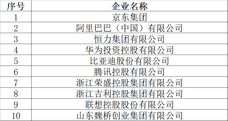 “2026中国民营企业500强”前10名。全国工商联供图