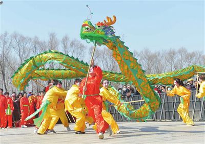 東麗翔雲龍燈老會的隊員表演舞龍。